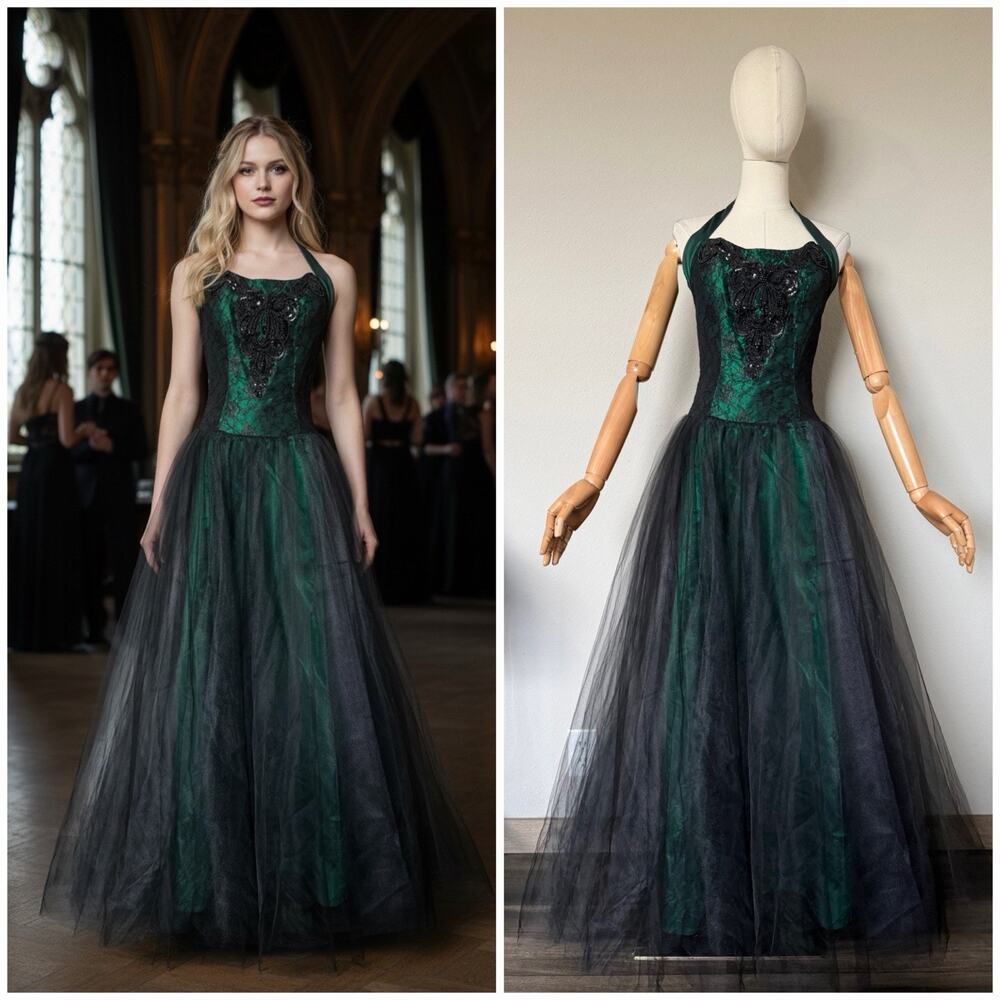 VTG 90s Loralie Metallic Green Black Tulle Whimsigoth Lace Steampunk Dress Sz 6